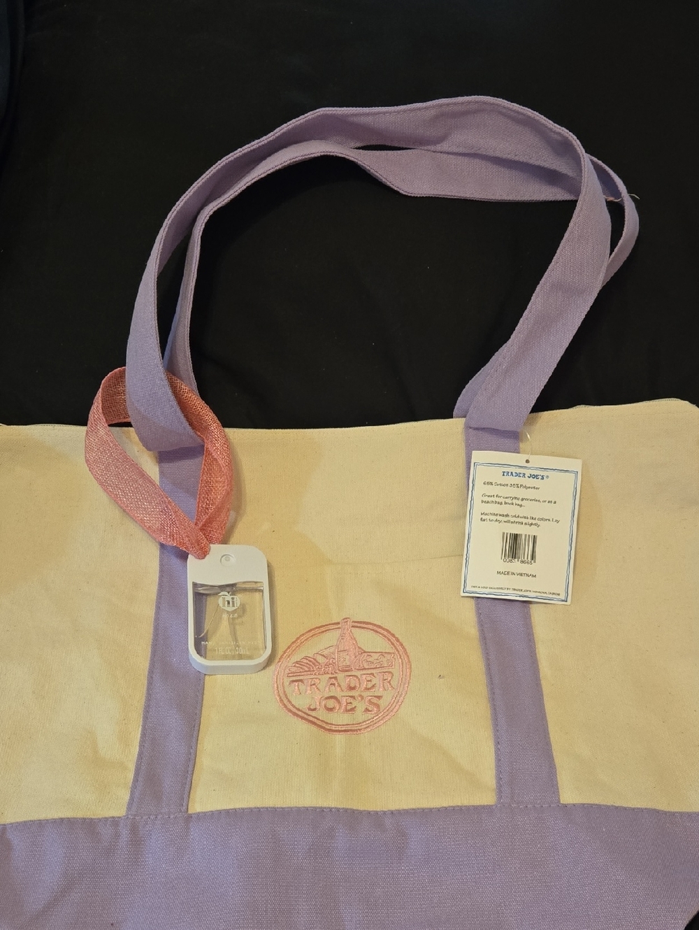 Trader Joe's Large Lavender and Cream Canvas Tote Bag With Added Zipper